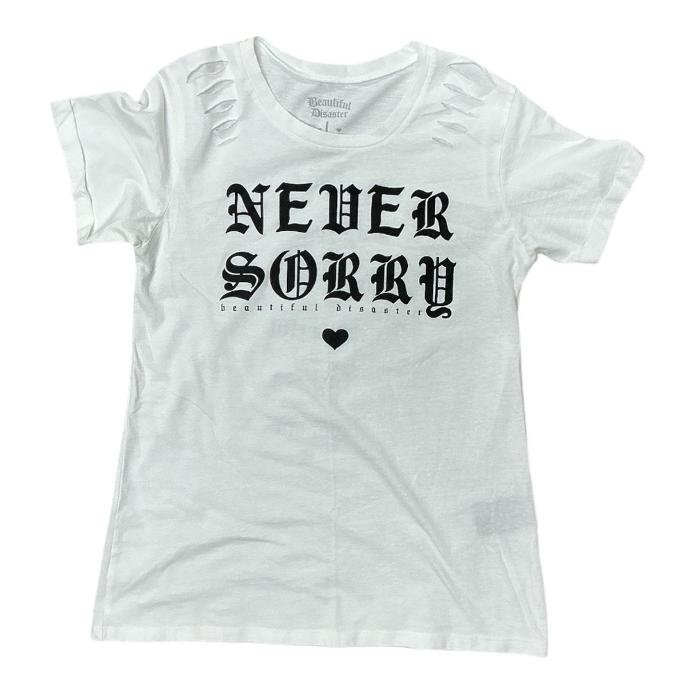 Beautiful Disaster - NEW - Slashed Shoulder 'Never Sorry' Collection T Sold Out